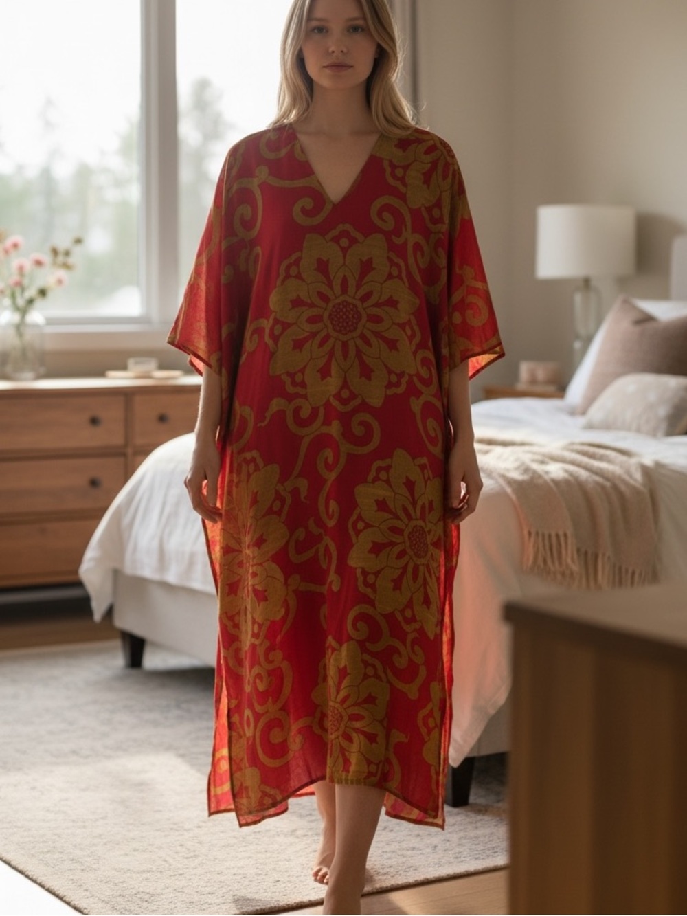Natori Red and Gold Maxi Dress
